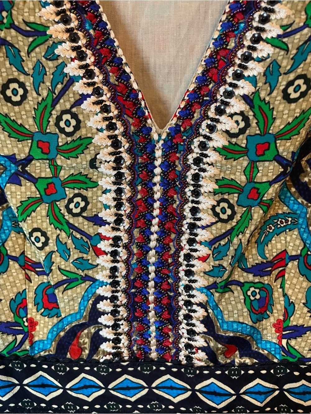 Anthropologie Bhanuni by Jyoti Beaded Bohemian Floral V-Neck Maxi Dress Teal - Picture 2 of 7